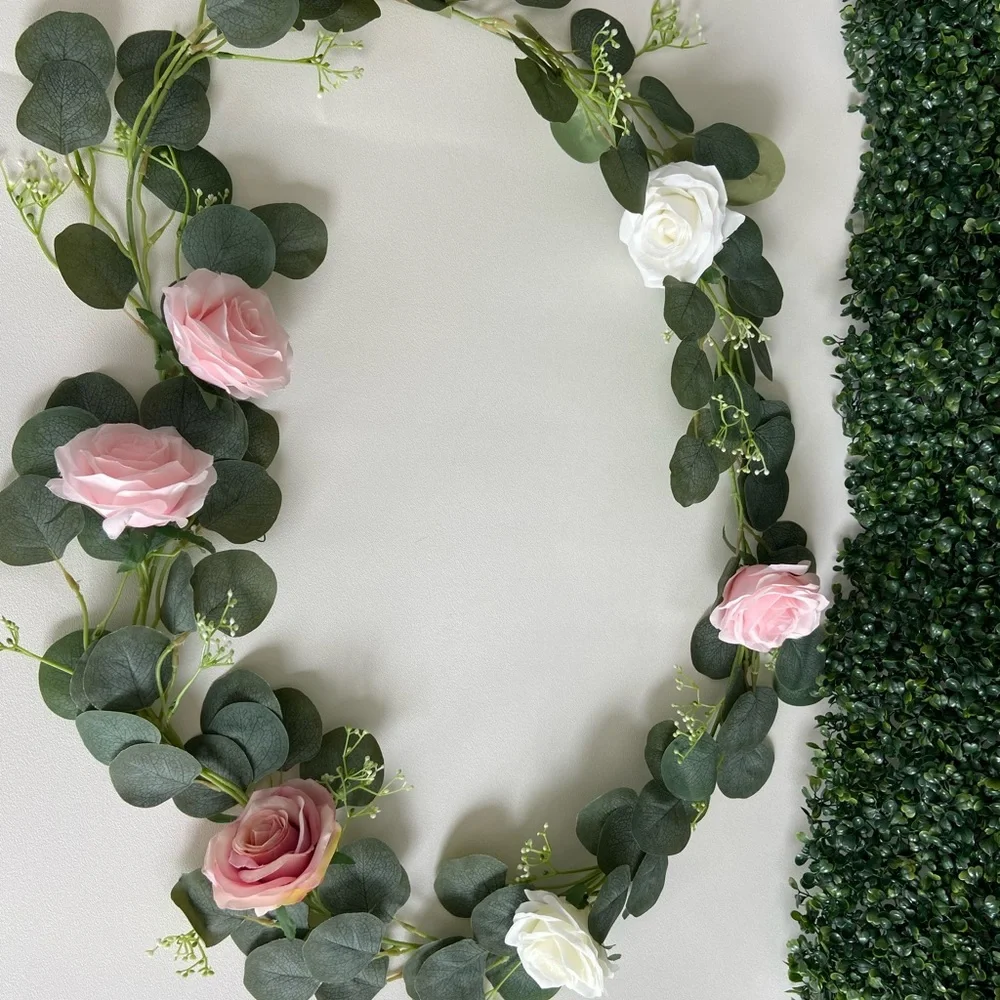 2 count Pink and White Rose Eucalyptus Seeded Flower Buds Garlands 6 feet
